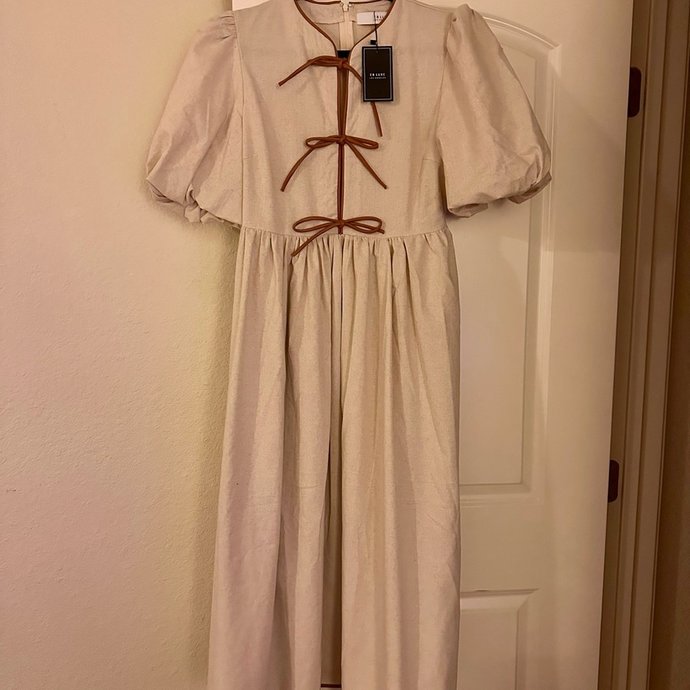 Zoco Chappell Linen Blend Beige Puff Sleeve Faux Leather Tie Dress